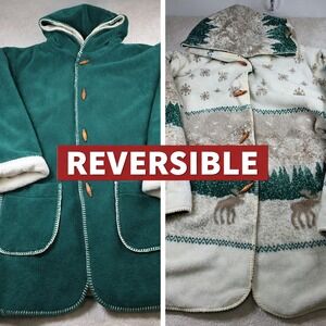 Denali Coat Womens XL Green Ivory Deer Print Reversible Hooded Heavy Fleece VTG